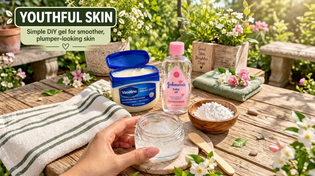 An open jar of Vaseline a bottle of Johnson s baby oil a small clear jar with transparent gel a hand holding the gel jar