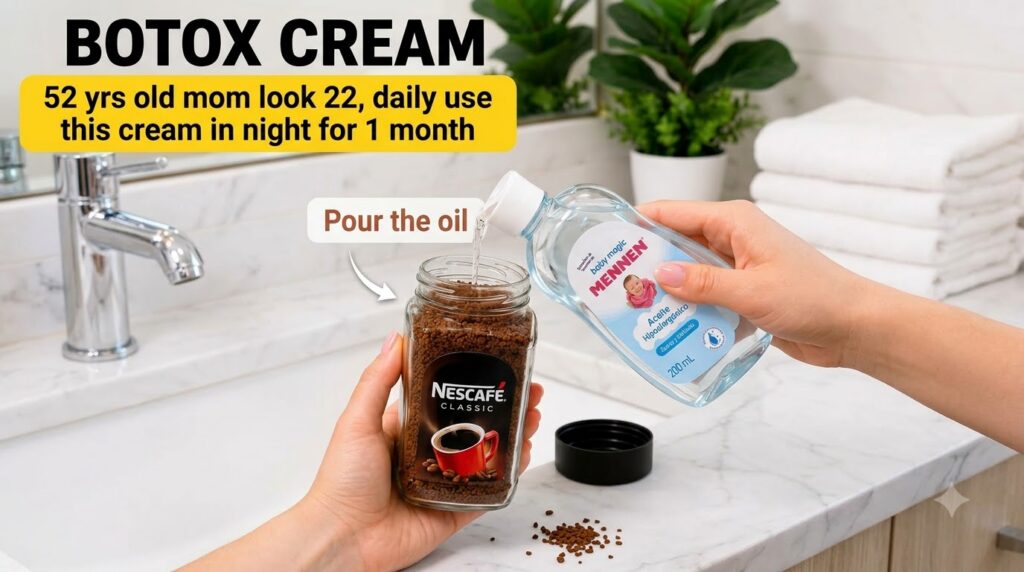 Hands pouring clear baby oil from a Mennen bottle into a glass jar filled with Nescafé instant coffee granules set on a 
