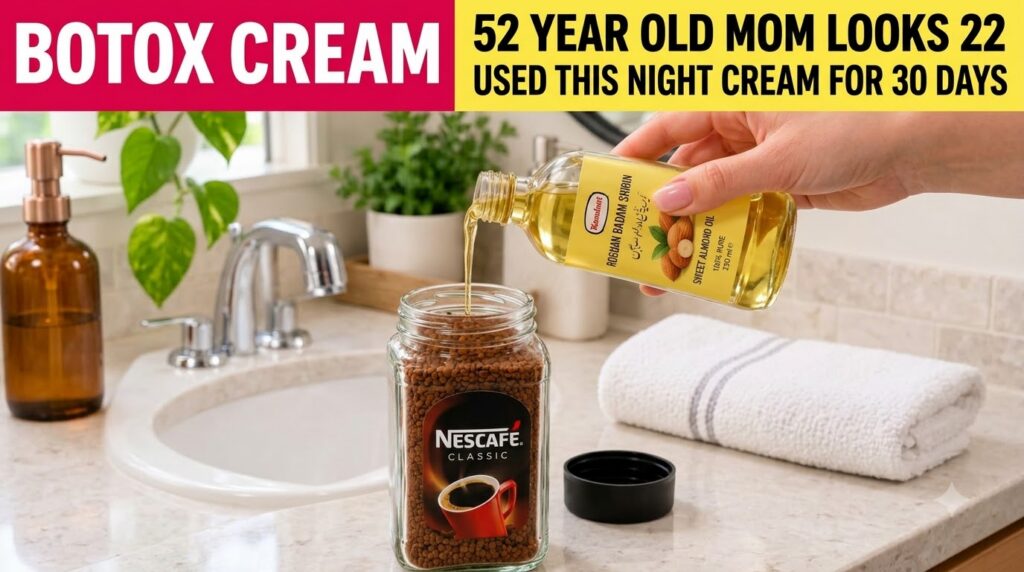 A hand pouring golden sweet almond oil into a glass jar filled with instant coffee granules in a bathroom setting