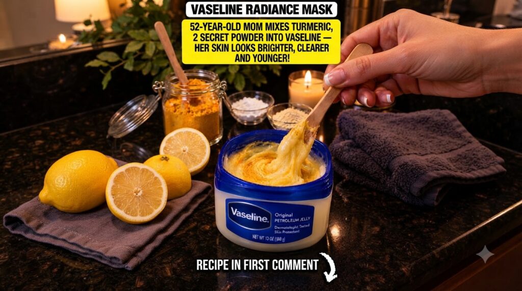 A hand stirring a thick yellowish mixture in a Vaseline jar with a wooden spoon Around it are a jar of turmeric small bo