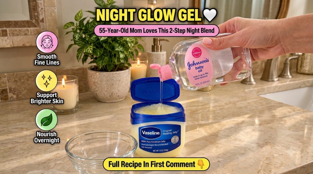 A tub of Vaseline with Johnson s baby oil being poured into it set in a cozy bathroom environment with a plant and a lit