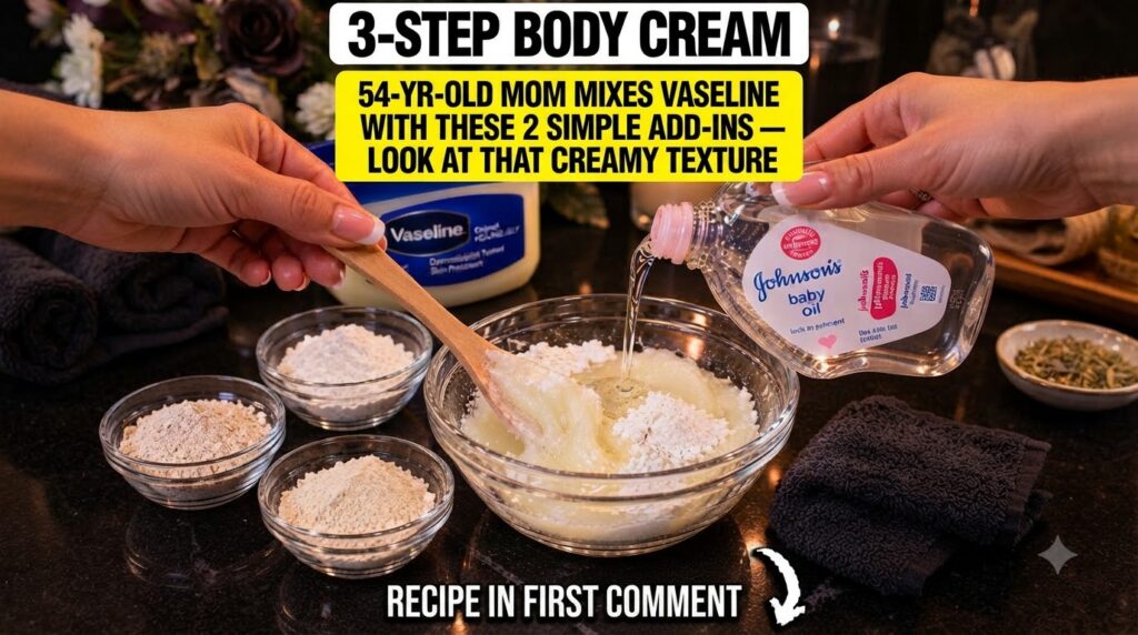 Hands mixing Vaseline baking soda and baby oil in a glass bowl with a wooden spoon set in a warm ambient light with blur