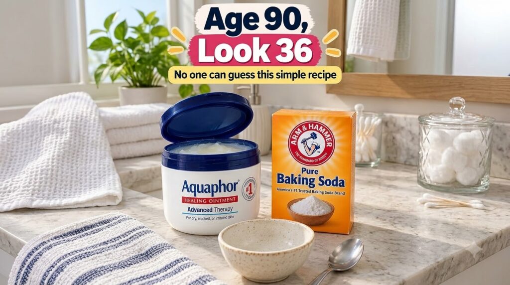 A bright bathroom countertop with an open jar of Aquaphor a box of baking soda and a small ceramic bowl with a spoon The