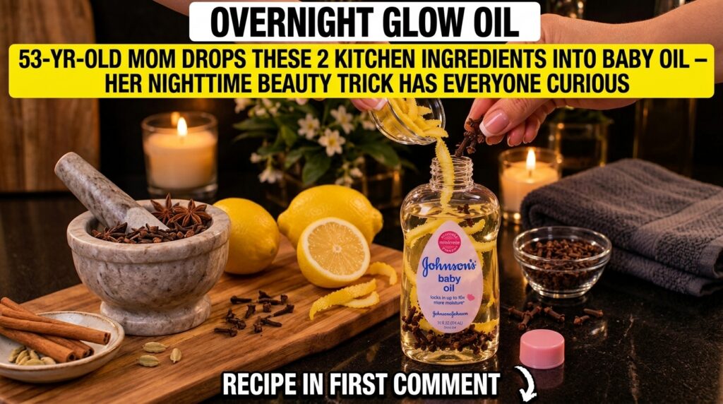 Two hands are infusing lemon peels and cloves into a bottle of baby oil on a wooden board surrounded by fresh lemons and