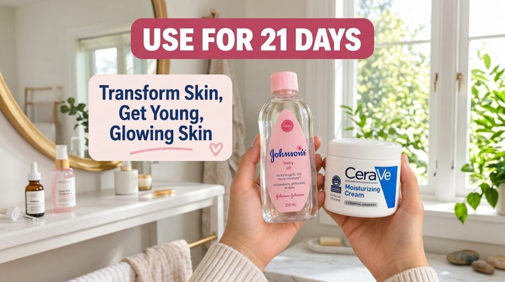 Hands holding a bottle of Johnson s baby oil and a tub of CeraVe Moisturizing Cream in a softly lit bathroom with a mirr