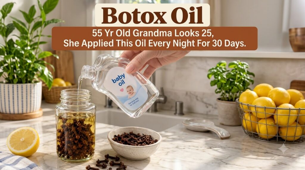 A hand pouring baby oil into a clear glass jar with dried cloves on a kitchen counter A bowl of cloves and a halved lemo