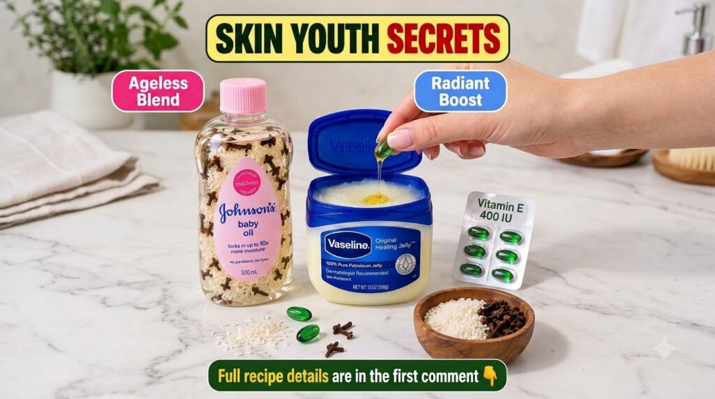 A flat lay of skincare ingredients on a white marble surface including a bottle of Johnson s baby oil with rice and clov