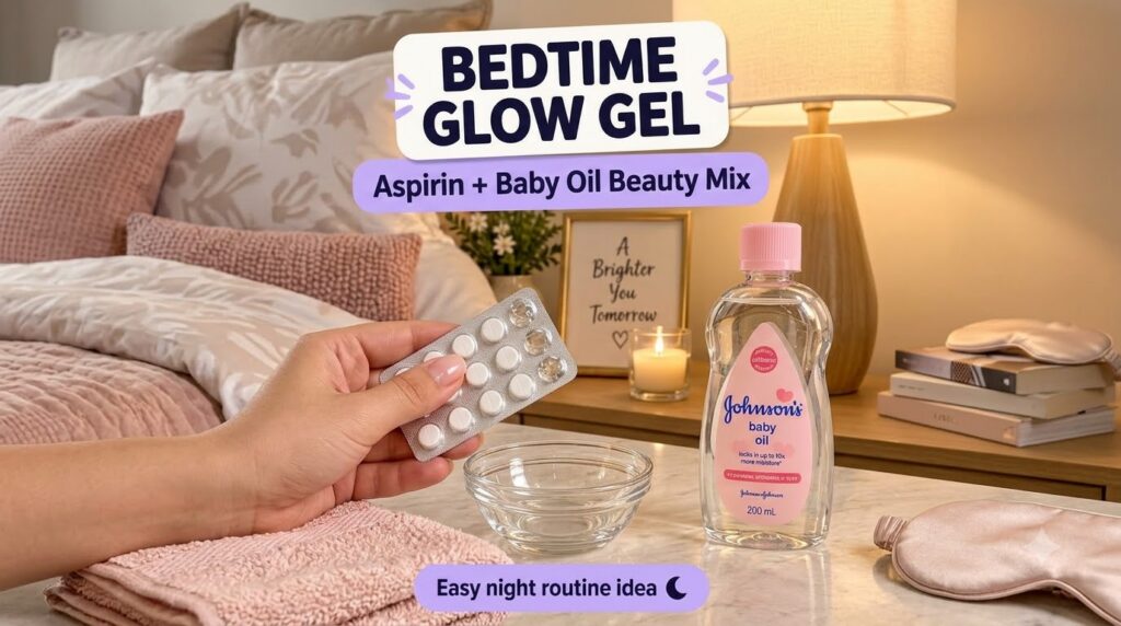 A close-up overhead shot of ingredients for a DIY beauty routine a hand holding a blister pack of white aspirin pills a