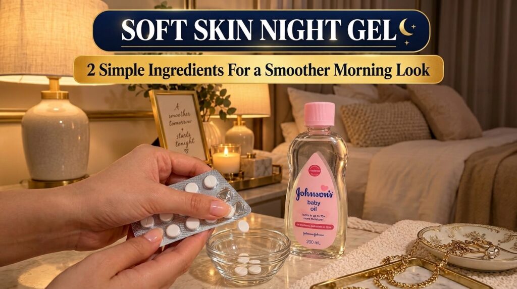 A hand dropping a white aspirin pill into a small glass bowl next to a bottle of baby oil on a bedside table in a warm-t