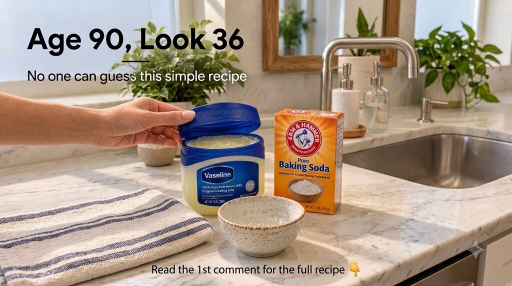 A tub of Vaseline petroleum jelly partially open next to a box of Arm Hammer baking soda with an empty speckled ceramic 