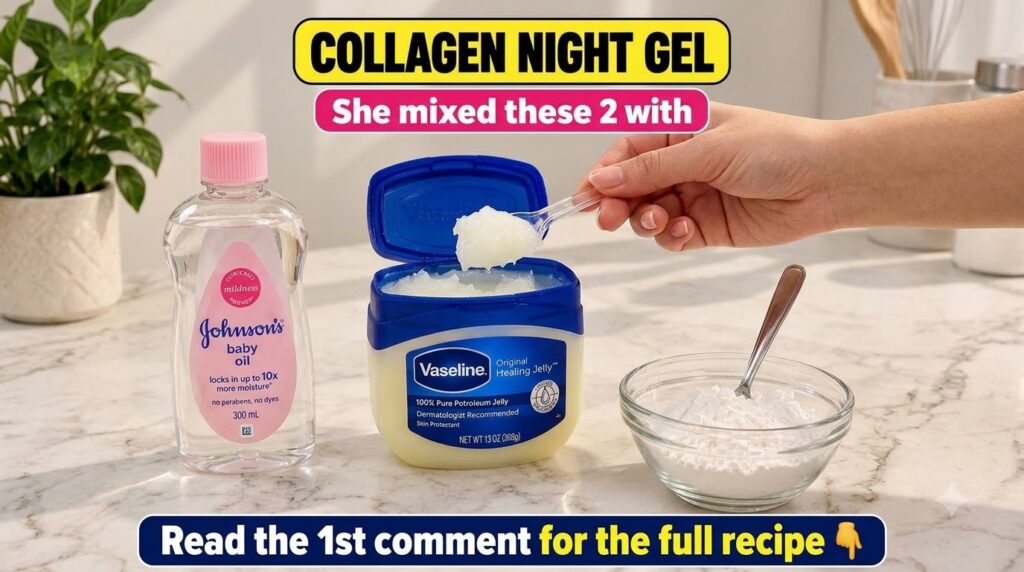 A close-up of skincare ingredients including a hand holding a spoon with Vaseline a bottle of Johnson s baby oil and a b