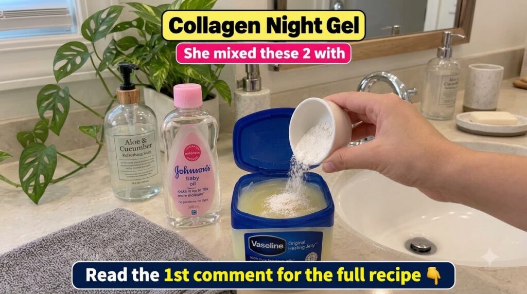 A close-up of ingredients being mixed a hand pouring white collagen powder into a tub of Vaseline next to a bottle of Jo