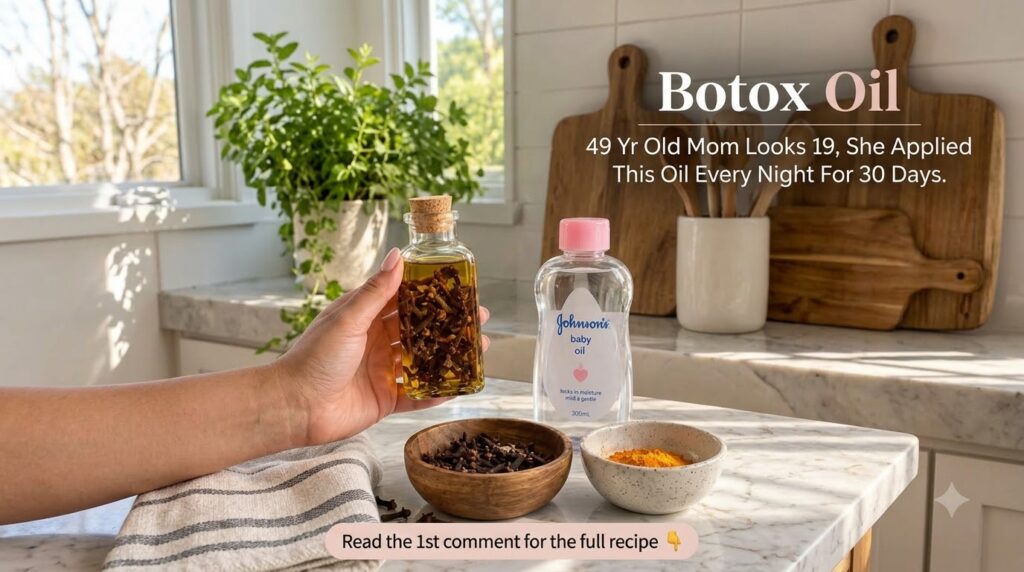 A close-up of ingredients for a homemade beauty recipe on a marble countertop including a hand holding a small glass bot
