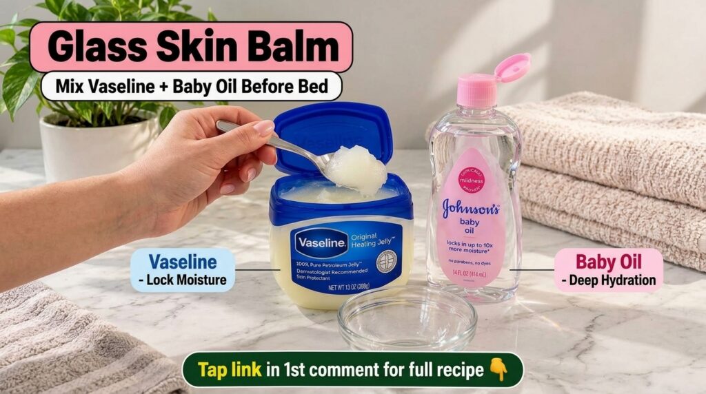 A beauty DIY setup featuring a jar of Vaseline and a bottle of Johnson s Baby Oil on a marble surface with a hand scoopi