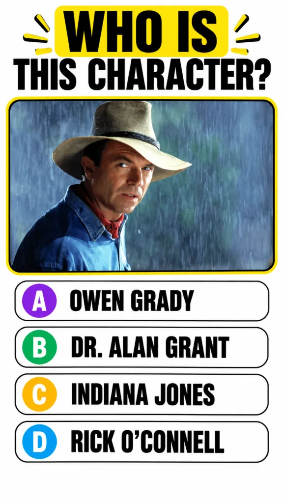 Sam Neill as Dr Alan Grant from Jurassic Park wearing his iconic tan cowboy hat blue denim shirt and red bandana with a 