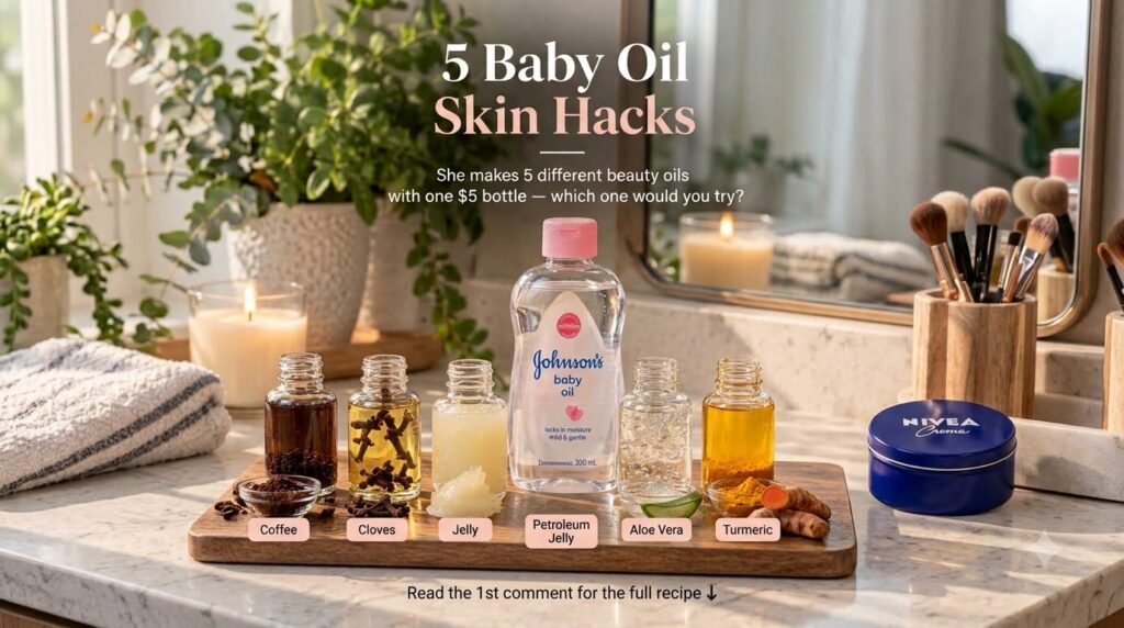 A flat lay composition featuring a large bottle of Johnson s Baby Oil centrally surrounded by smaller bottles of infused