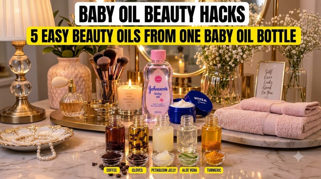 A variety of beauty ingredients and products on a marble vanity centered around a large bottle of Johnson s baby oil Fiv