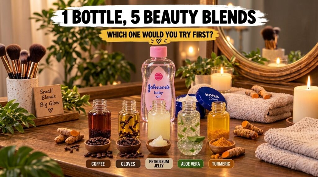A flat lay of skincare ingredients and products on a wooden surface featuring Johnson s baby oil Nivea Creme and small g