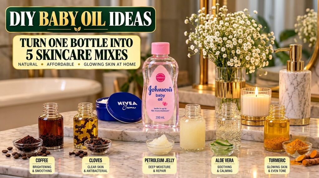 A flat lay of a prominent bottle of baby oil surrounded by five smaller glass bottles containing DIY skincare mixes made