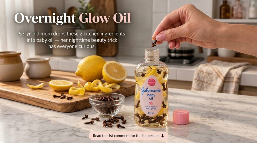 A hand adding a lemon peel strip into a bottle of Johnson s baby oil surrounded by lemons and cloves on a bright counter