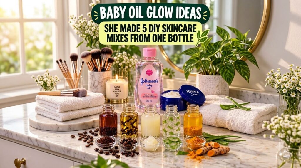 A collection of skincare items on a marble counter with a large bottle of Johnson s baby oil centrally in the background