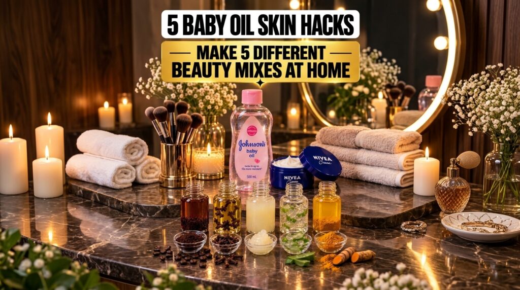 Various DIY beauty products and ingredients including a bottle of Johnson s Baby Oil small bottles of DIY mixes raw ingr