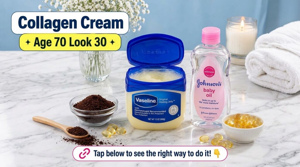 A collection of skincare ingredients including Vaseline baby oil ground coffee and yellow gel capsules arranged on a whi