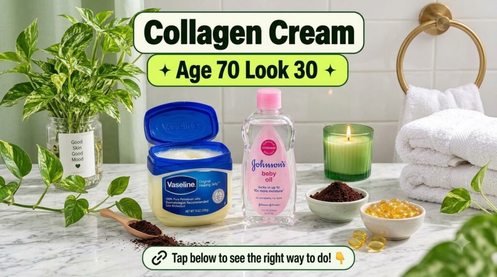 A beautiful flat lay of an open tub of Vaseline a bottle of Johnson s Baby Oil bowls of ground coffee and golden oil cap
