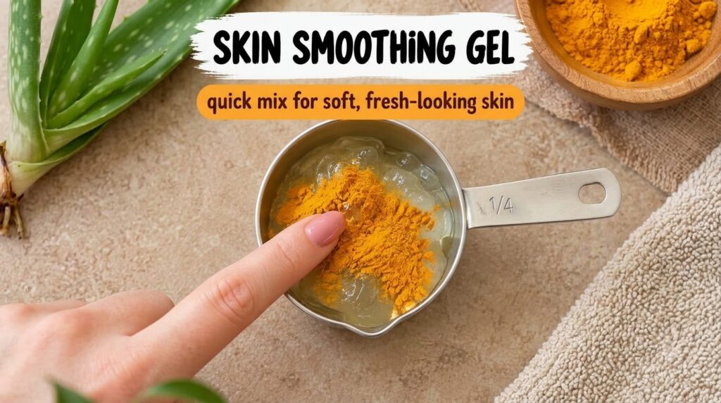 A finger lightly touching a mixture of clear gel and bright yellow turmeric powder in a metal measuring cup with an aloe