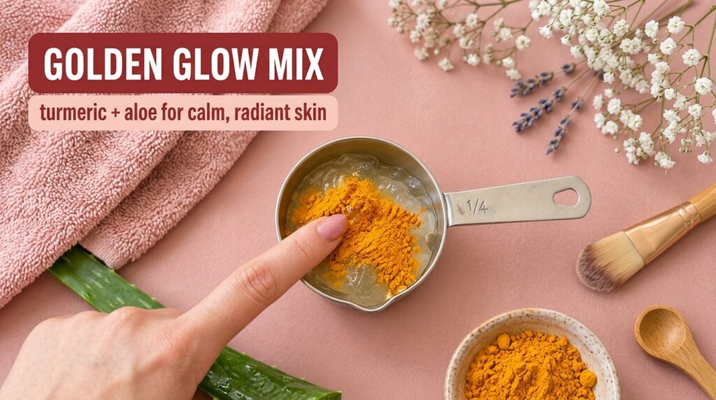 A flat lay showing a measuring cup with clear aloe vera gel topped with vibrant yellow turmeric powder with a finger tou