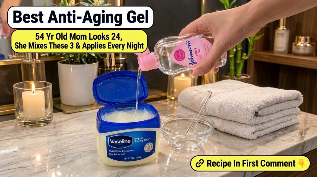 A hand pouring Johnson s baby oil into a tub of Vaseline Original Healing Jelly on a bathroom counter with a small mixin