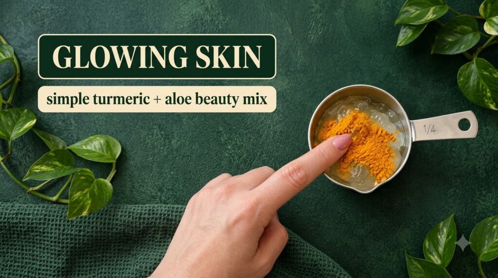A top-down flat lay of a hand gently touching a mixture of vibrant turmeric powder and clear aloe vera gel in a metal me