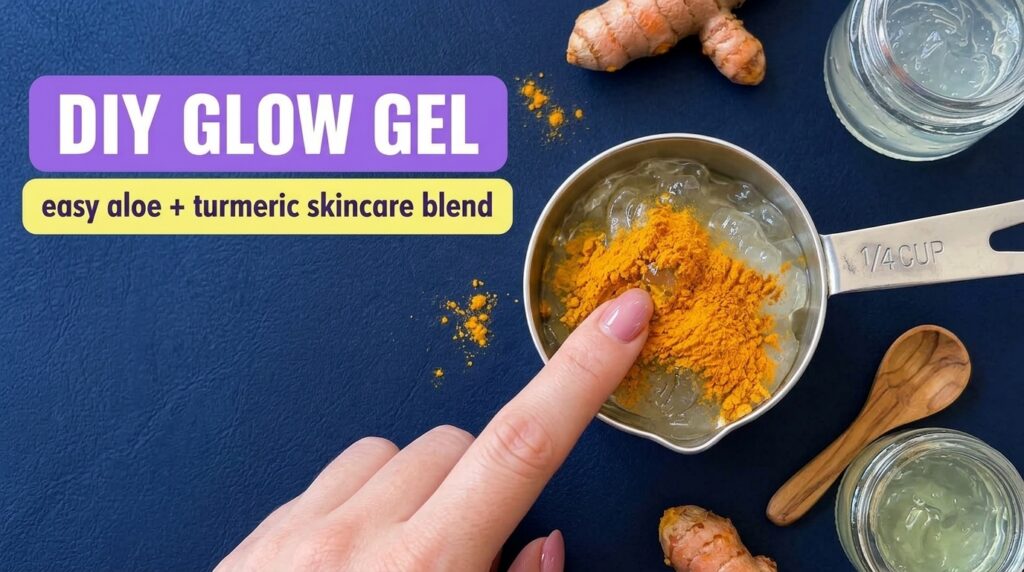 A top-down view of a measuring cup with clear aloe vera gel topped with vibrant orange turmeric powder A finger gently p