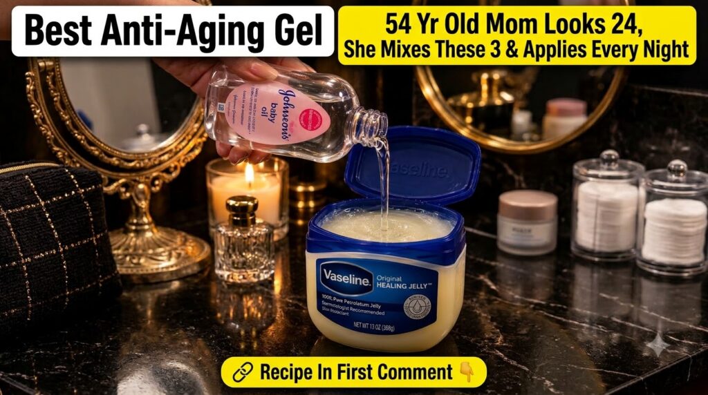 A hand pouring clear Johnson s baby oil into a tub of Vaseline Original Healing Jelly set on a dark reflective surface w