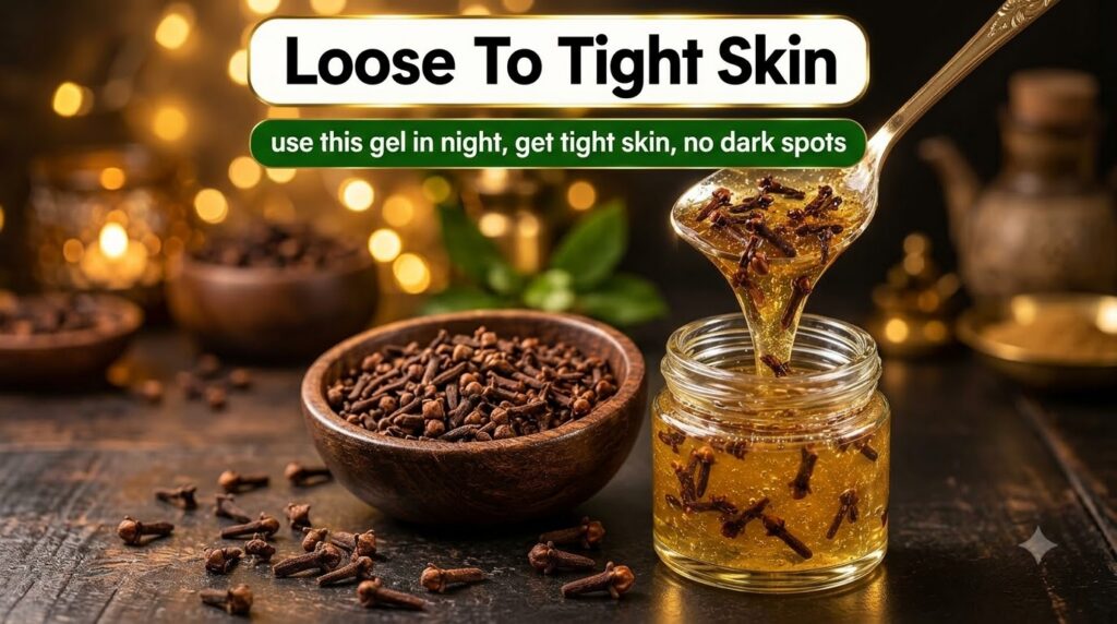 A golden viscous liquid infused with cloves actively pouring from a spoon into a glass jar The jar is partially filled w