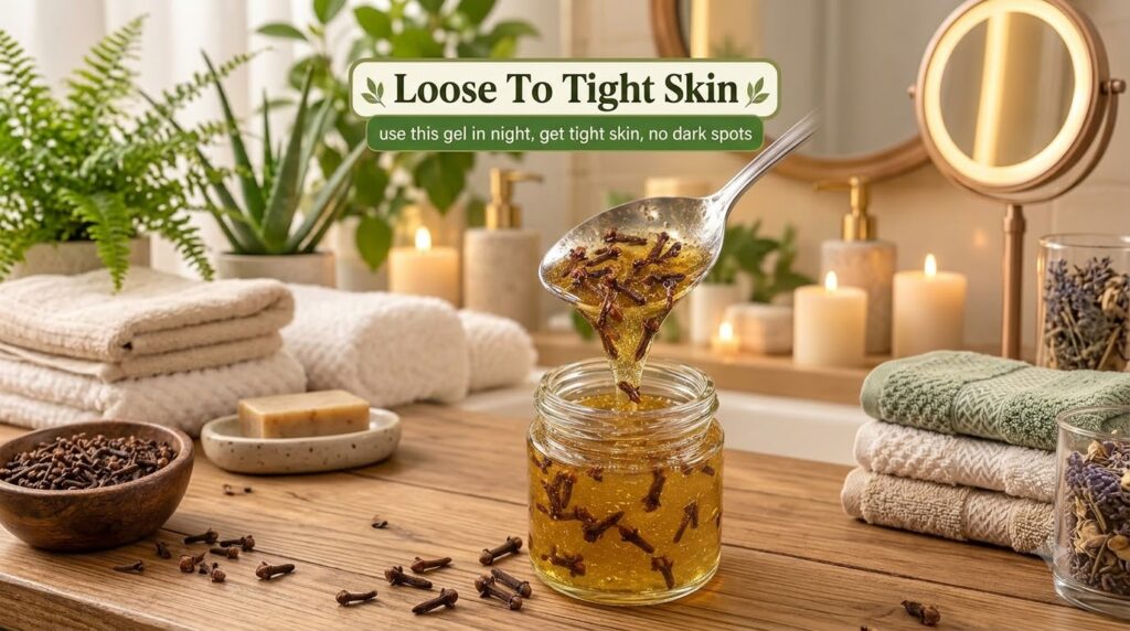 A close-up of a spoon dripping viscous amber clove gel into a glass jar with whole cloves and green leaves on a wooden s
