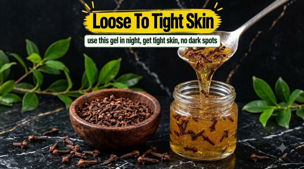 A spoon pouring clove and honey gel into a glass jar with a bowl of cloves nearby