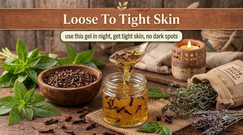 A spoonful of viscous golden liquid with cloves dripping into a glass jar surrounded by whole cloves and natural element