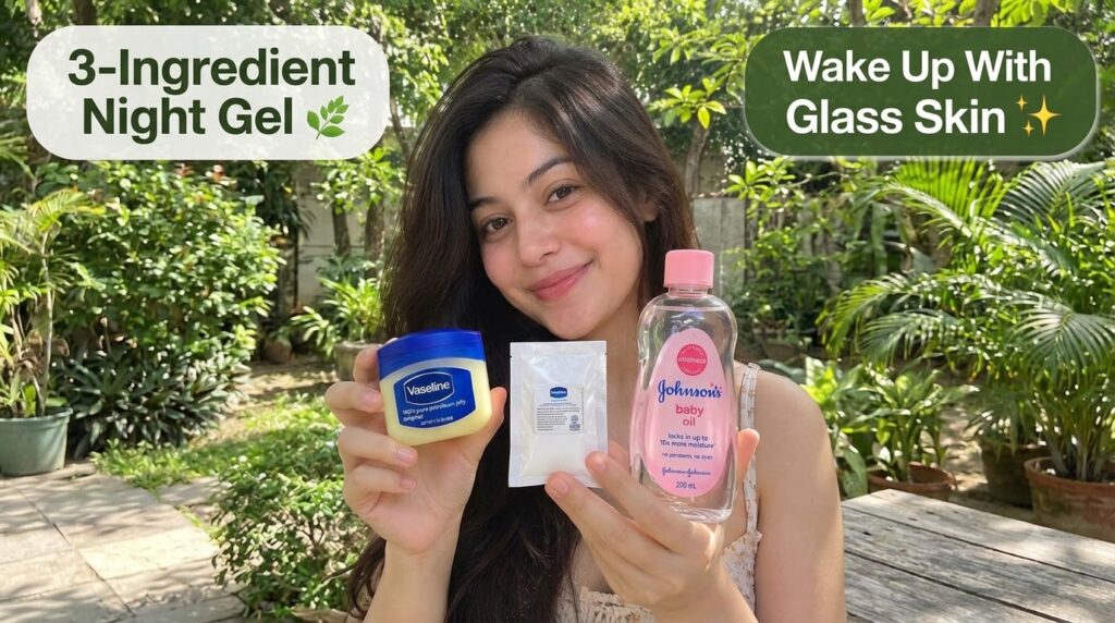 A smiling young woman holding a jar of Vaseline a white vitamin E capsule and a bottle of baby oil presenting them to th