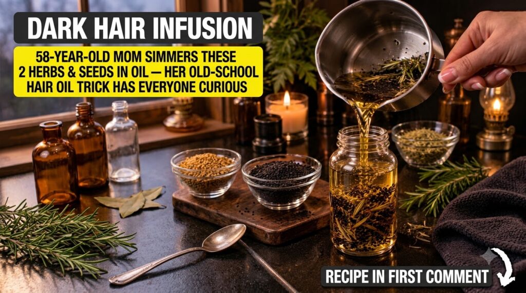 A stream of golden oil being poured into a clear glass jar containing black seeds and fresh rosemary sprigs with a lit c