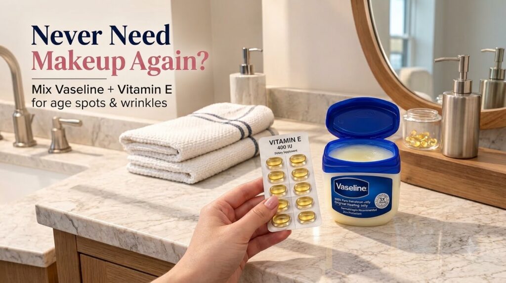 A hand holding a blister pack of golden Vitamin E 400 IU capsules next to an open jar of Vaseline 100 Pure Petroleum Jel