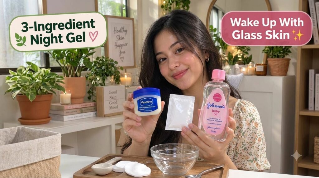 A smiling young woman holding up a jar of Vaseline a bottle of Johnson s baby oil and a small white sachet of vitamin E 