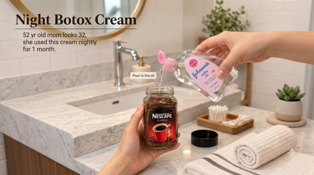 Hands pouring Johnson s baby oil into a jar of Nescafé Classic instant coffee on a marble bathroom counter