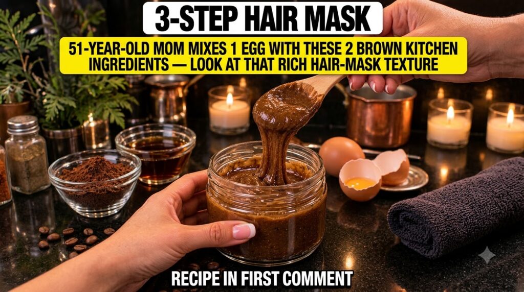 A thick brown hair mask in a glass jar being stirred with a wooden spoon Surrounding it are cocoa powder coffee beans an