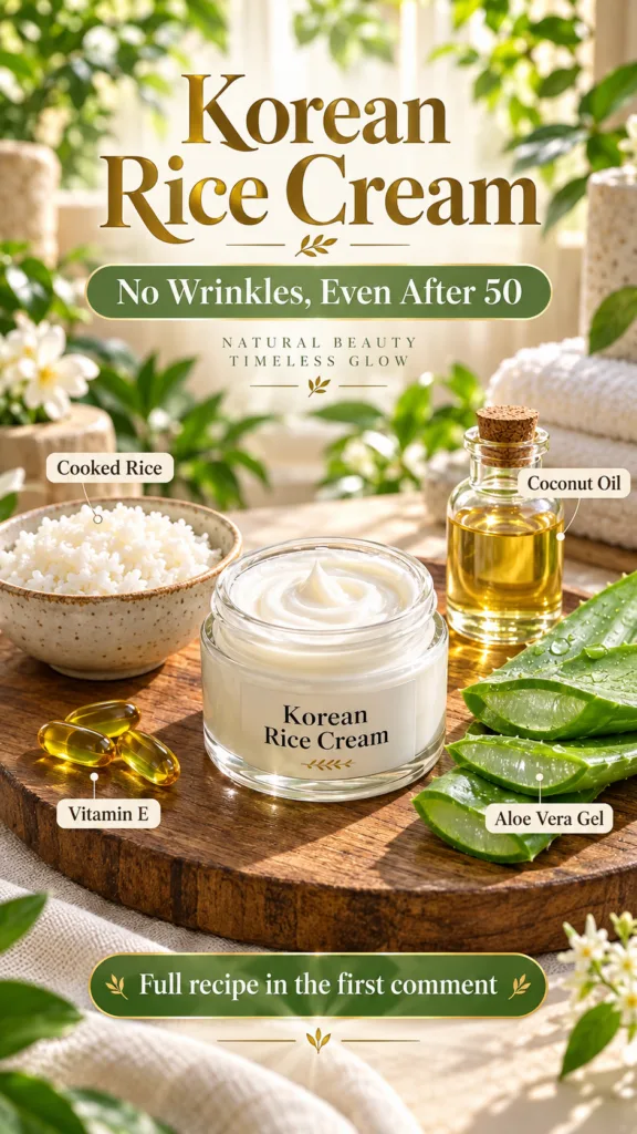 A jar of Korean Rice Cream surrounded by its natural ingredients a bowl of cooked rice a bottle of coconut oil vitamin E