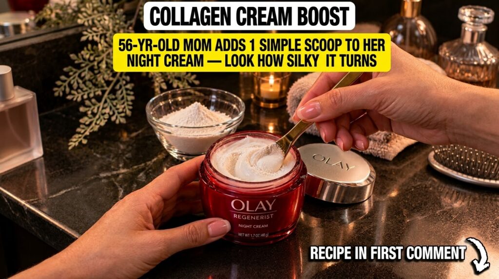 Close-up of a person s hands mixing white rice powder into a red jar of Olay Regenerist Night Cream with a small scoop w