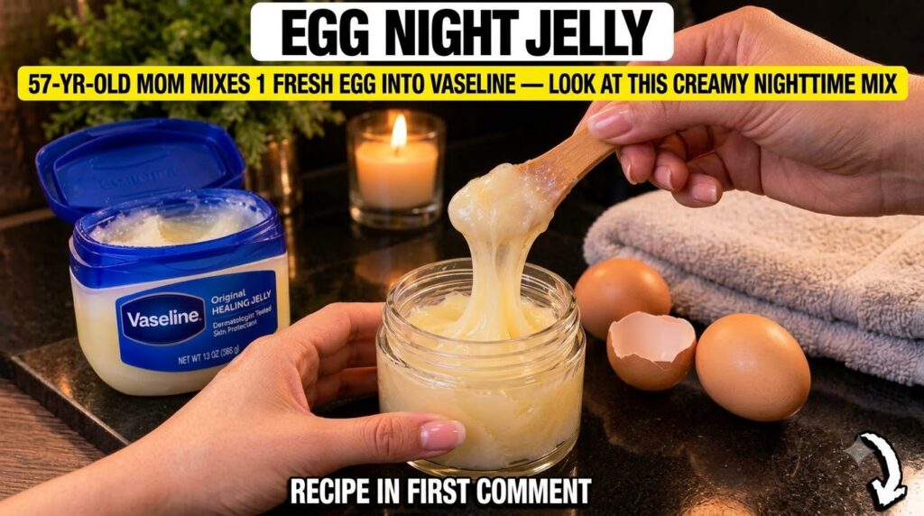 Hands holding a glass jar with a creamy egg and Vaseline mixture a wooden spoon lifting some with an open Vaseline tub a