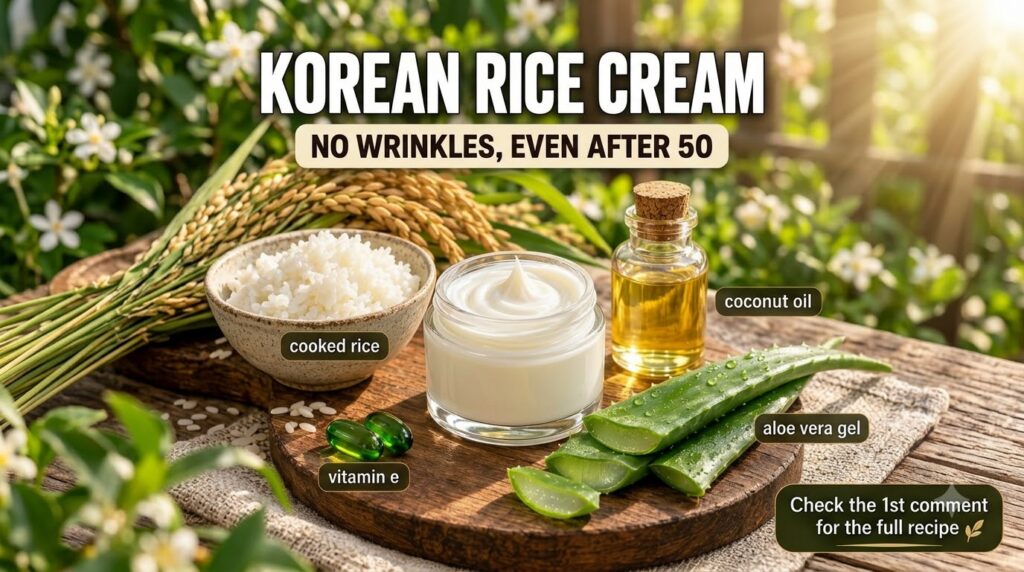 Ingredients and final product of Korean Rice Cream including a jar of cream cooked rice raw rice stalks aloe vera leaves