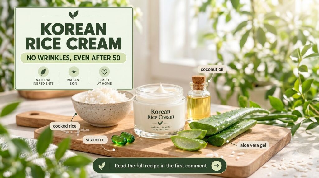 A jar of Korean Rice Cream surrounded by its natural ingredients a bowl of cooked rice coconut oil bottle vitamin E caps