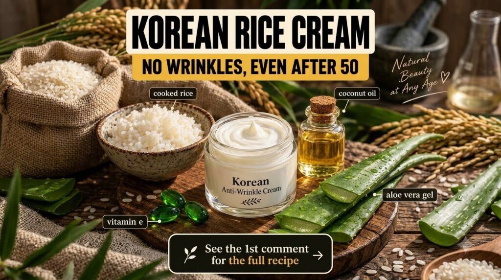 A well-lit flat lay showcasing a jar of Korean Anti-Wrinkle Cream surrounded by cooked white rice aloe vera leaves vitam